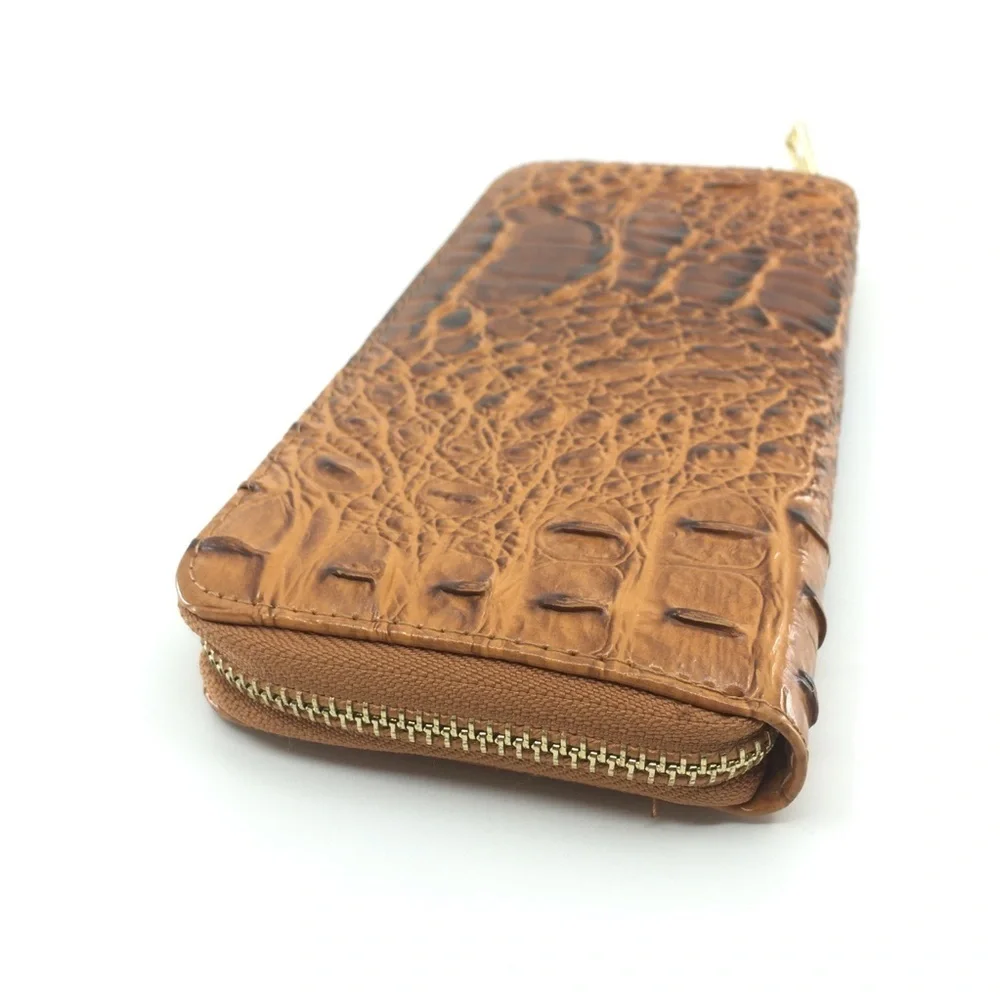Croc Embossed Zip Around Wallet Tan Brown Vegan Faux Leather Brahmin Inspired